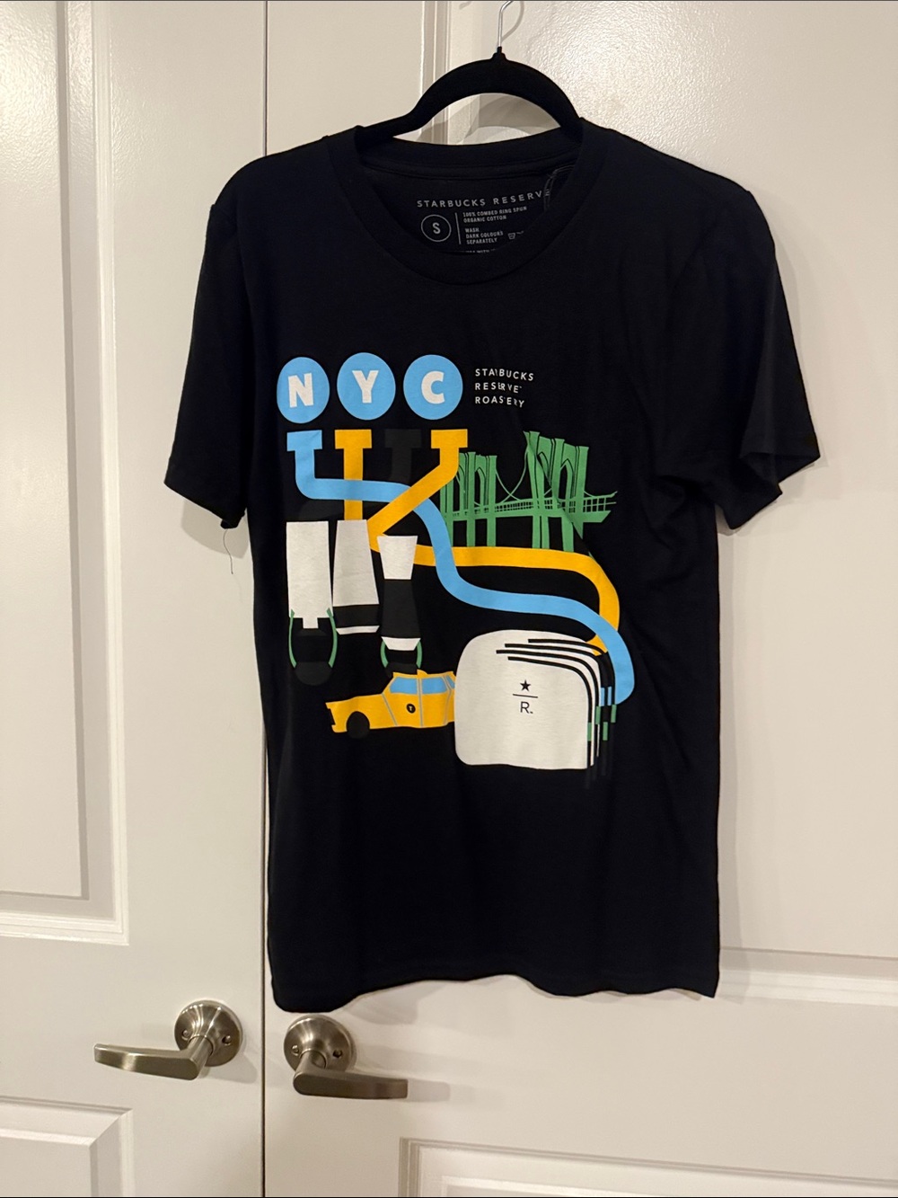 Starbucks Black NYC Graphic Short Sleeve Tee with Blue Yellow Green Accents